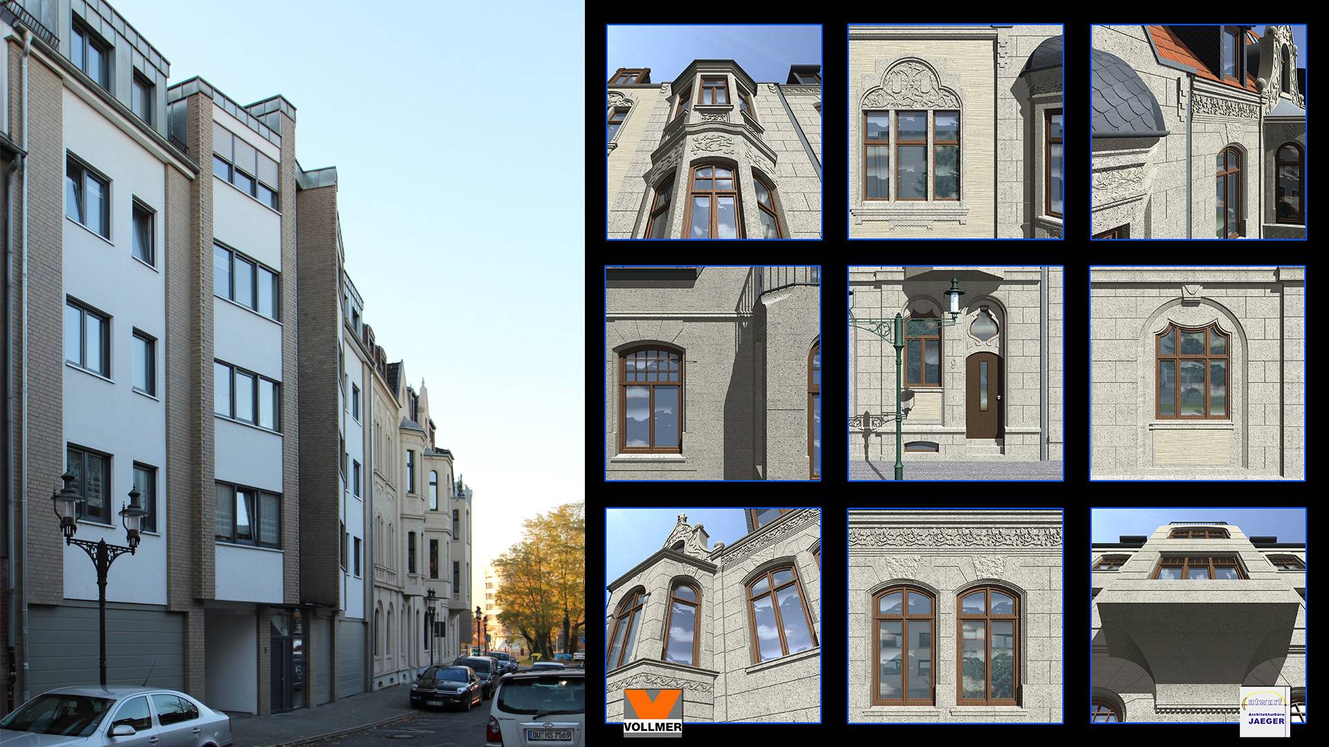 Straßenperspektive des linken Neubaus